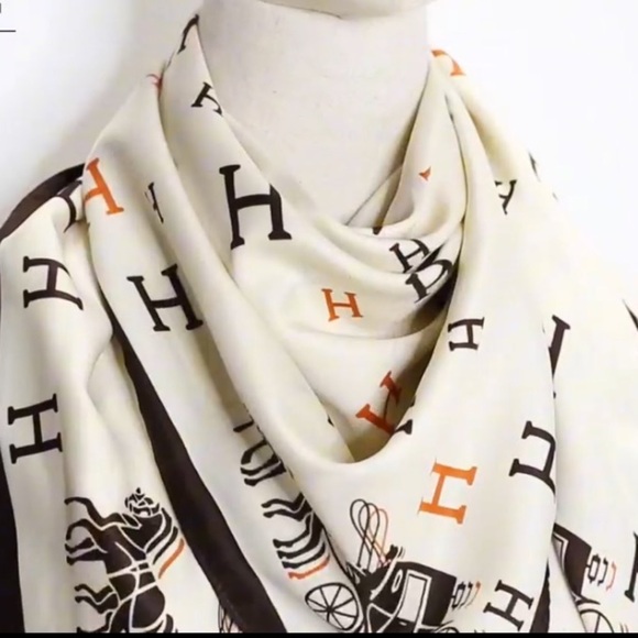 Orange H Black H, Cream and Brown Designer style luxury Scarf - Picture 4 of 7